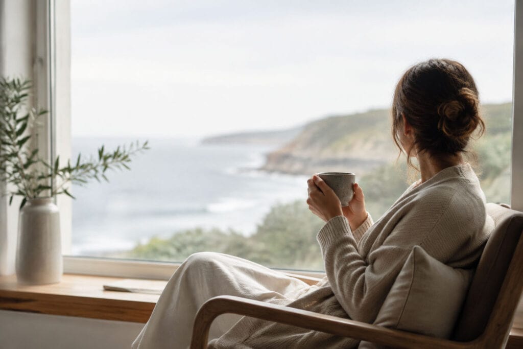 Woman quietly reflecting beside a window overlooking the coast.