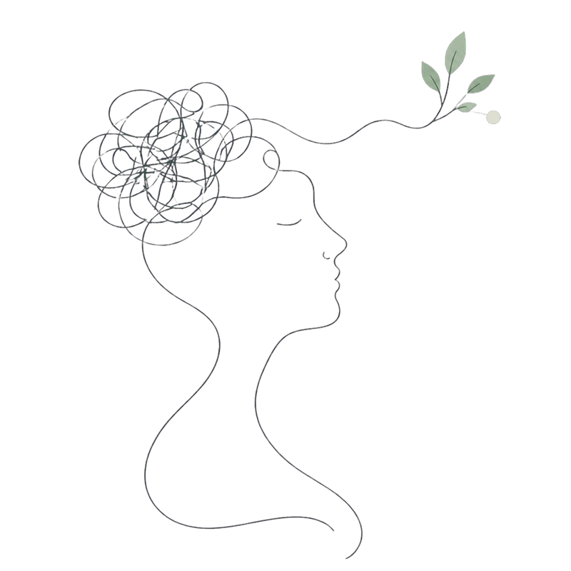 Line illustration of tangled thoughts becoming a calm leafy line.