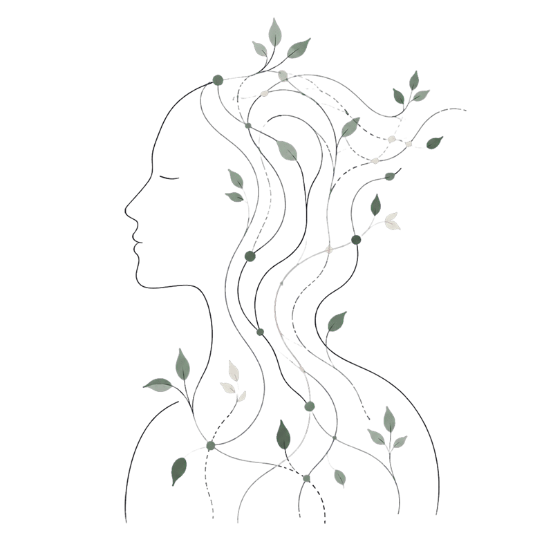 Line illustration of varied organic pathways flowing around a person’s profile.