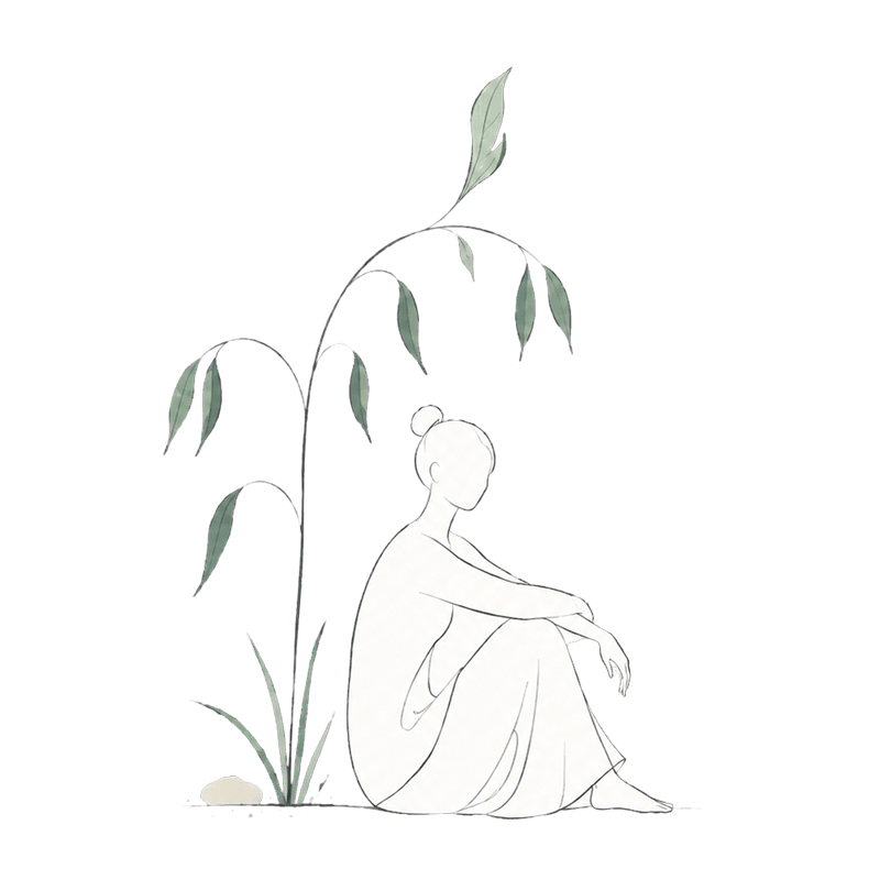 Line illustration of a seated person resting beside a plant with new growth.